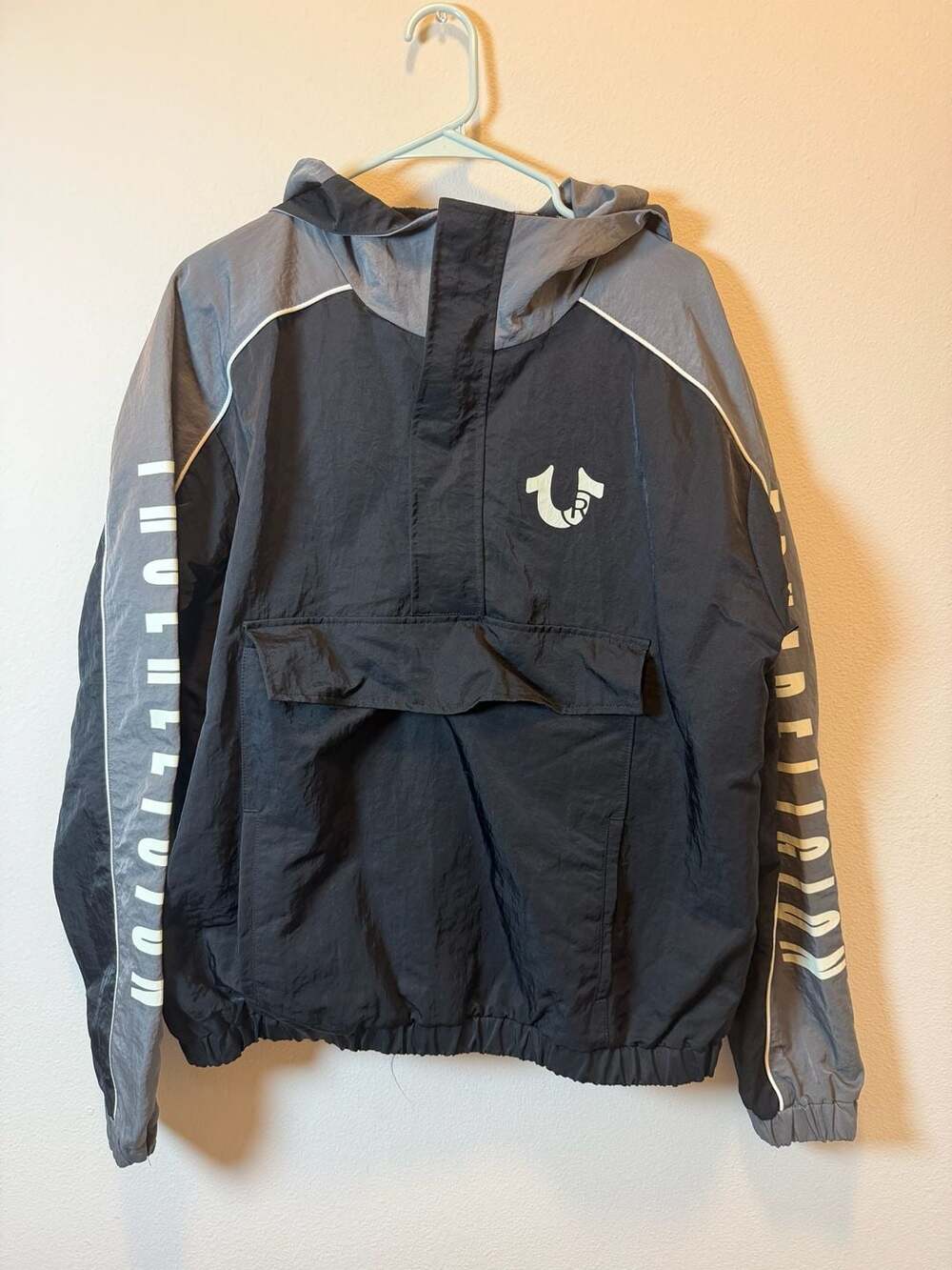 True Religion Color Block Anorak Pullover Windbreaker Jacket Black Gray Size M